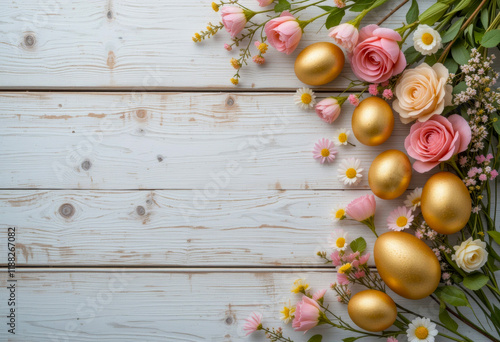 White wooden background decorated with golden Easter eggs, pink roses, and spring flowers