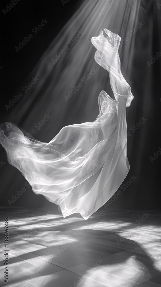 A graceful figure in a flowing white fabric, suspended in mid-air, illuminated by ethereal beams of light. A graceful figure in a flowing white fabric, suspended in mid-air, illuminated by ethereal beams of light.