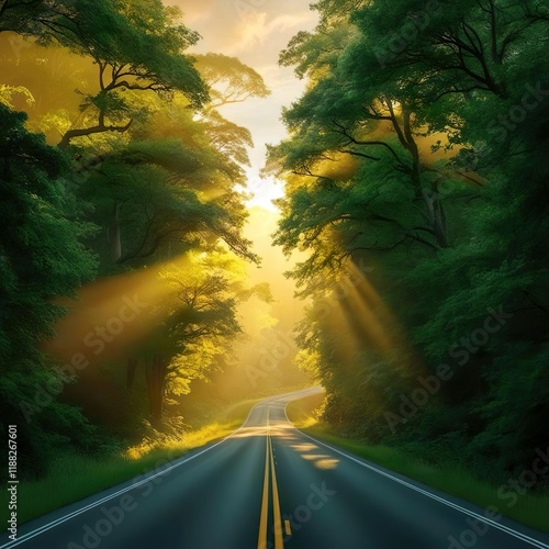 An empty road with a view of big trees covering the sunrise