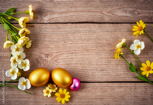 Wooden background with golden Easter eggs, pink egg, and yellow and white spring flowers