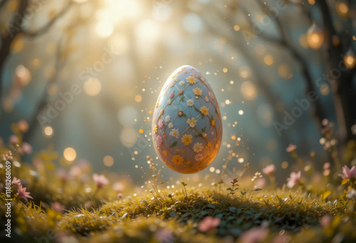Exquisite Easter egg with delicate floral patterns floating above a sunlit forest meadow, surrounded by glowing bokeh and magical light particles in a dreamy spring atmosphere