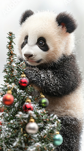 Adorable panda cub miniature Christmas tree playfully festive ornament heartwarming holiday scene full charm cute vet soft baby China home interior forest invitation greeting card photography poster photo