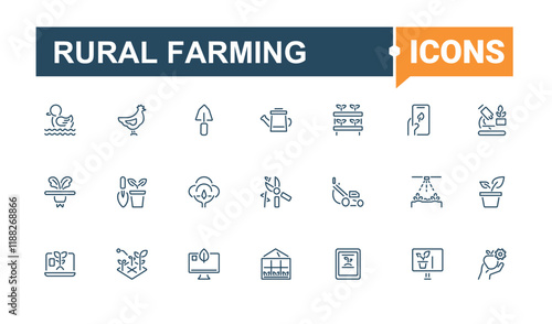 Rural Farming icons set in linear style. Containing barn, garden, icon, grain, veg, farming, farm, cow. Collection for mobile and web apps. Vector illustration in modern line style.