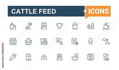 Cattle Feed icons set in linear style. Includes thin line mixer, screw, food, production, feed, web, farming and more. Minimal icons. Editable stroke.