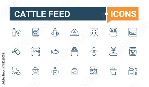 Cattle Feed icons set in linear style. Includes thin line mixer, screw, food, production, feed, web, farming and more. Minimal icons. Editable stroke.