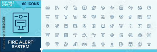 Set of Fire Alert System line icons. Contains related to exit, emergency, flame, bell, alarm, call and more. Minimal icons. Editable stroke.