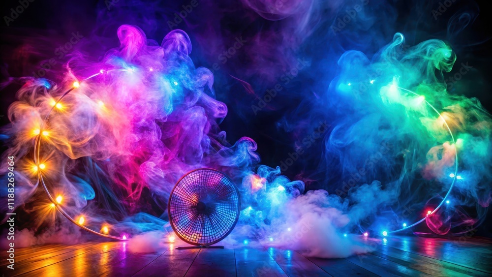 Smoke veils rotate under colorful LED lights on a dark background creating a mesmerizing visual effect Smoke veils rotate under colorful LED lights on a dark background creating a mesmerizing visual effect