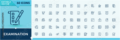 Examination icon set. Includes icons for man, exam, grade, select, info, pass, d, paper. Isolated icons design. Editable vector illustration.