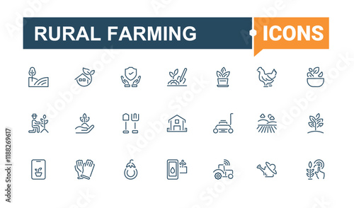 Rural Farming icons set in linear style. Containing barn, garden, icon, grain, veg, farming, farm, cow. Collection for mobile and web apps. Vector illustration in modern line style.