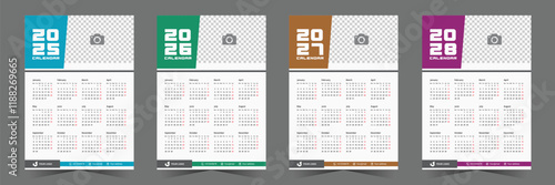 2025, 2026, 2027, 2028 Calendar Design Pack Template. set of minimalist one page calendar design