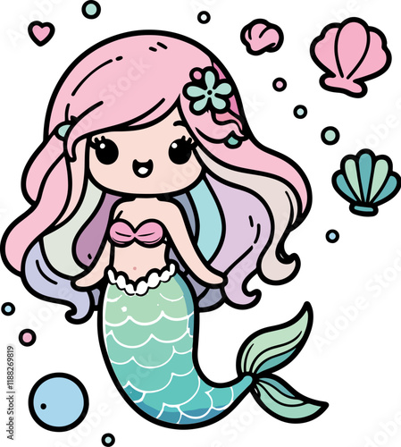 Cute cartoon girl mermaid with long hair, a smiling face