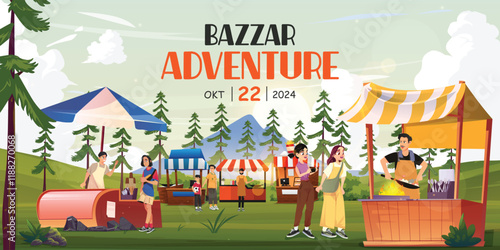 Food market poster with various visitors