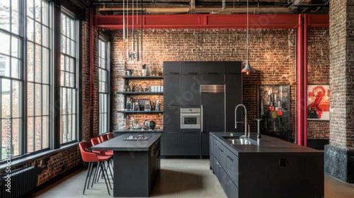 Wallpaper Mural A loft-style kitchen with open shelving, bold accents, and industrial lighting. Torontodigital.ca