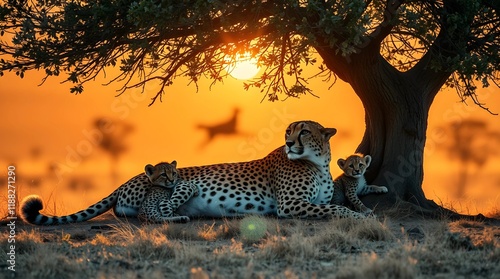 showcasing a cheetah mother resting beneath an acacia tree as her cubs frolic.  Golden savanna background, warm terracotta and cool teal tones, bright lens flare, high-resolution, no noise, 