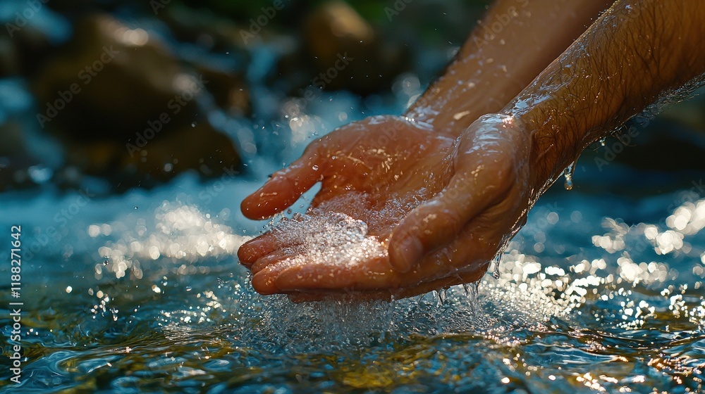 Fototapeta premium A person gently scoops water with their hands from a flowing stream, capturing the essence of nature and tranquility.