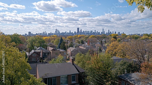 Autumnal Skyline View: Chicago Cityscape from a Residential Neighborhood