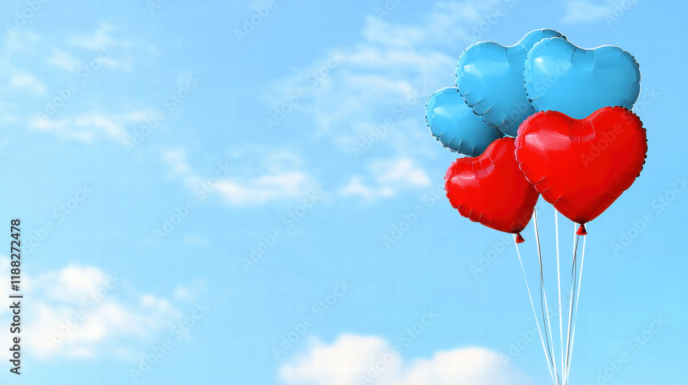 Fototapeta premium Colorful heart shaped balloons float against bright blue sky, evoking joy and celebration