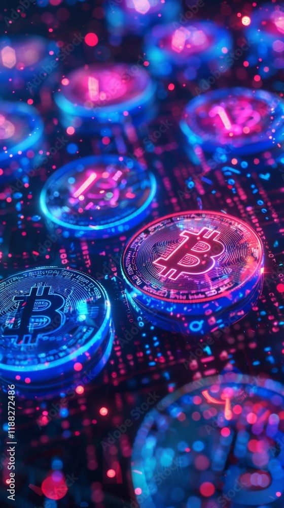 Brightly lit bitcoin tokens on a digital background showcase the world of cryptocurrency trading Brightly lit bitcoin tokens on a digital background showcase the world of cryptocurrency trading