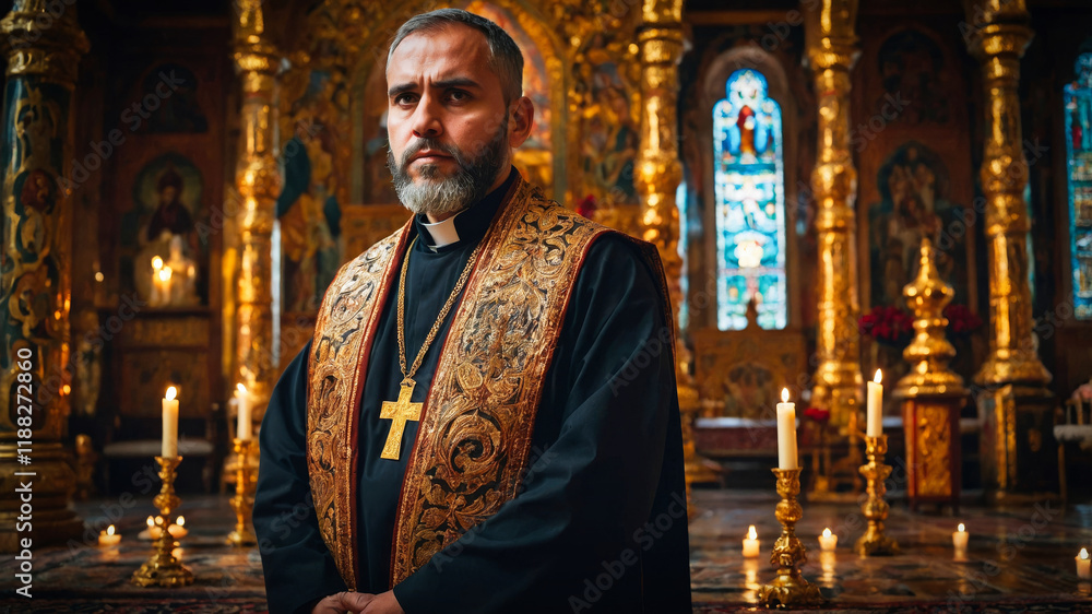 Naklejka premium An orthodox priest or monk in an orthodox church