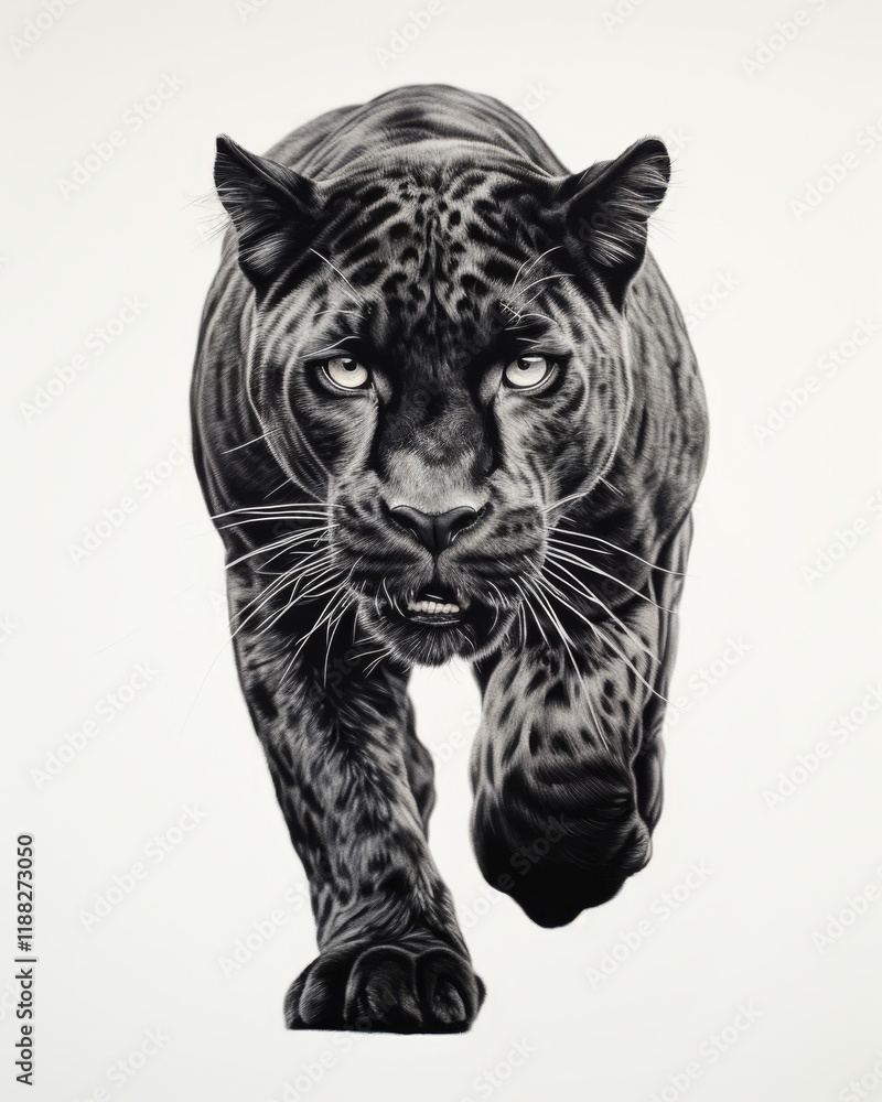 Fototapeta premium Black Panther Prowling, An Intricate Sketch Drawing Depiction of a Majestic Wildcat in Motion