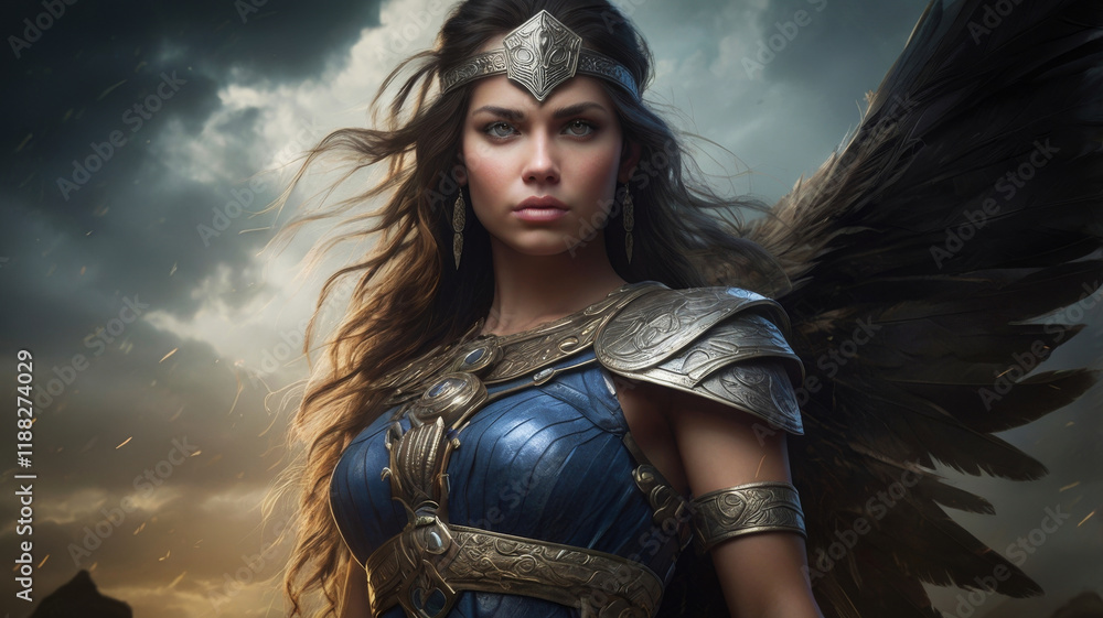 Obraz premium A powerful, mythical female warrior standing amidst ancient ruins