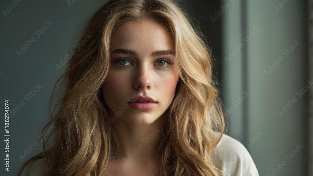 Close-up of a woman with long, wavy blonde hair cascading over her shoulders Close-up of a woman with long, wavy blonde hair cascading over her shoulders