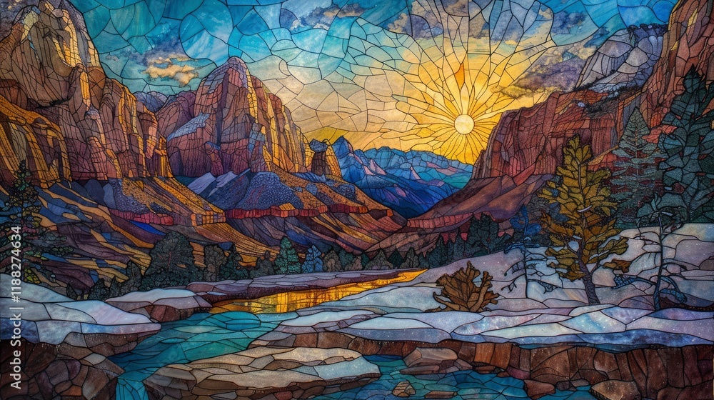 Mosaic of a mountain landscape with a lake in the foreground Mosaic of a mountain landscape with a lake in the foreground