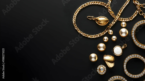 Gold jewelry, pearls, and accessories on a black background; fashion, luxury, elegant design