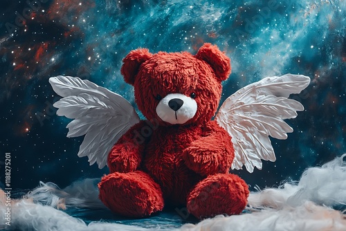 Artistic shot of a red teddy bear with white painted wings, set in a heavenly or celestial theme. photo