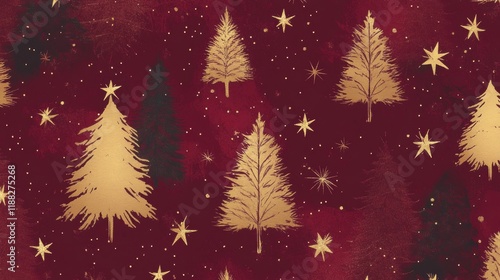 Festive red gift wrap featuring elegant gold trees and stars, ideal for holiday celebrations and special occasions. photo