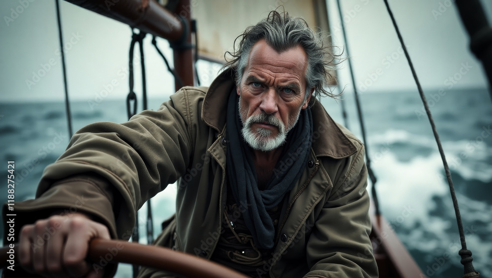 Obraz premium A sailor navigating with his boat on a stormy sea