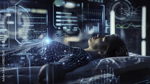 Person sleeping peacefully in a dark room with soft blue light from a sleep monitoring device, surrounded by medical equipment and charts, symbolizing sleep research and health technology.