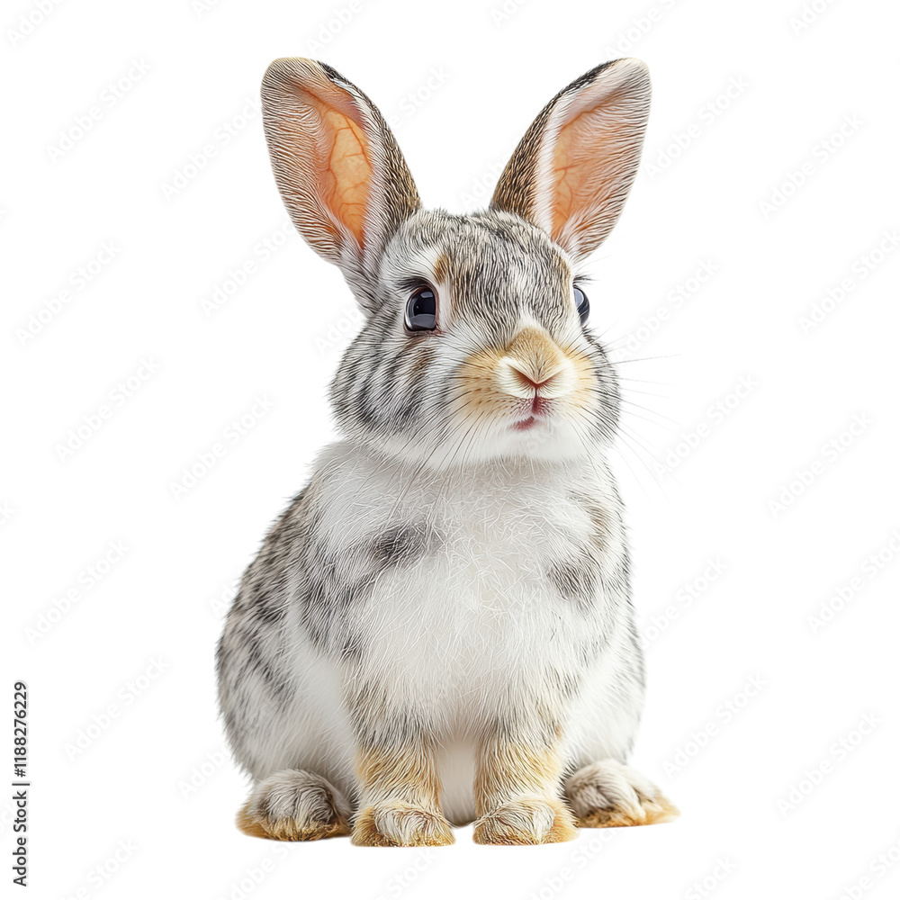 Obraz premium Spotted Rabbit Serenity, a calm rabbit with distinctive spots sits centered against a crisp white background, exuding tranquility and charm