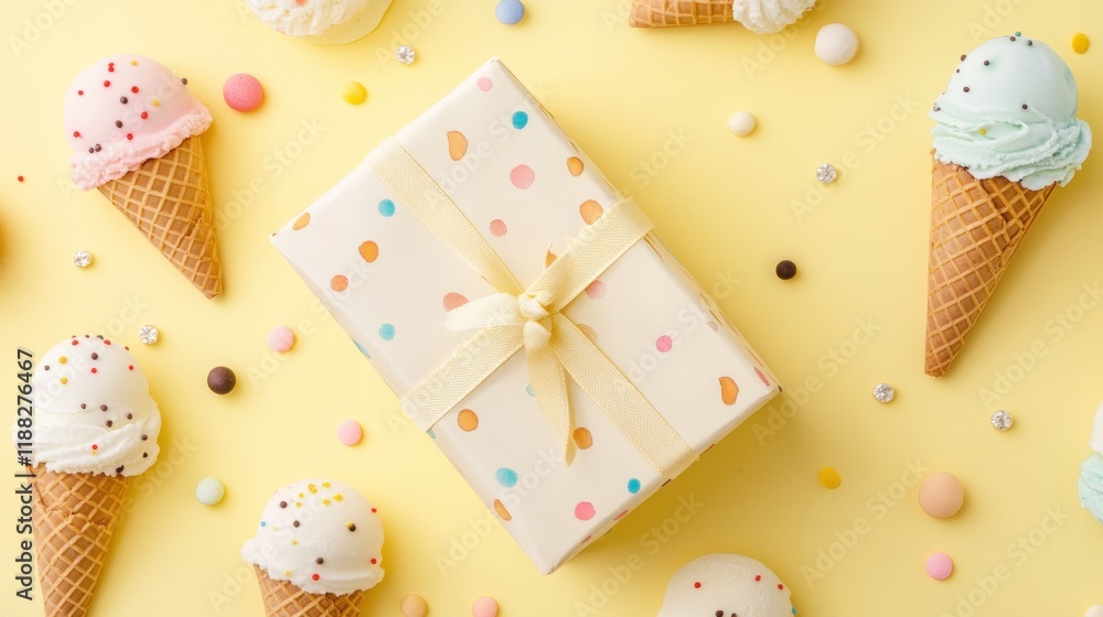 Ice Cream Delight Gift Wrap, playful ice cream cones scattered on a soft pastel yellow background, perfect for cheerful celebrations.