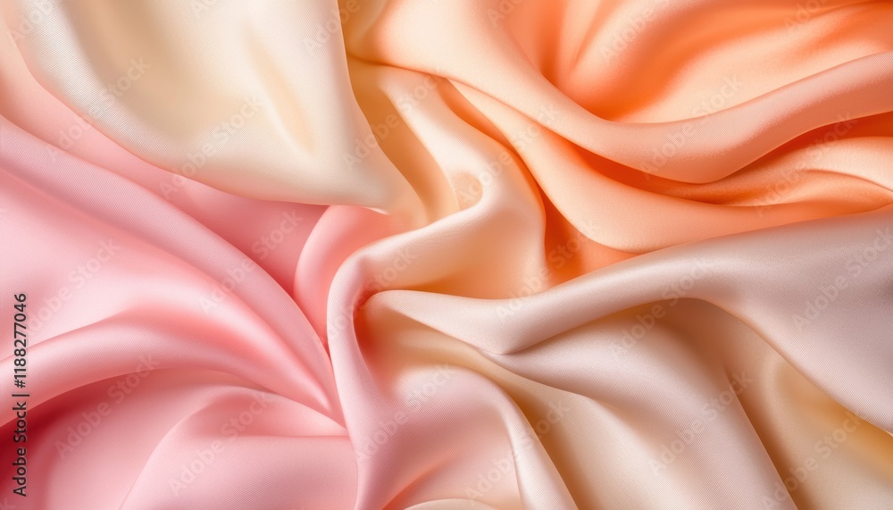 Obraz premium A close-up of luxurious, silky fabric showcasing soft gradients of peach, pink, and cream colors, highlighting the smooth texture and elegant draping.