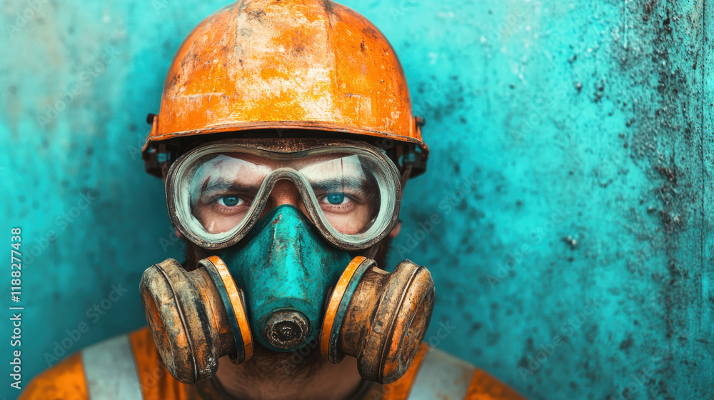 Safety aspects, A high-fidelity 3D illustration of a worker wearing a respirator, showcasing safety and health in industrial environments. Safety aspects, A high-fidelity 3D illustration of a worker wearing a respirator, showcasing safety and health in industrial environments.