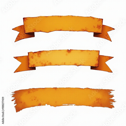 A collection of vintage-style yellow banners featuring distressed edges and a rustic appearance.