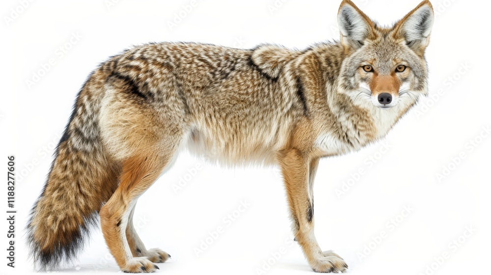 Obraz premium Realistic coyote image standing alert with versatile background for design integration