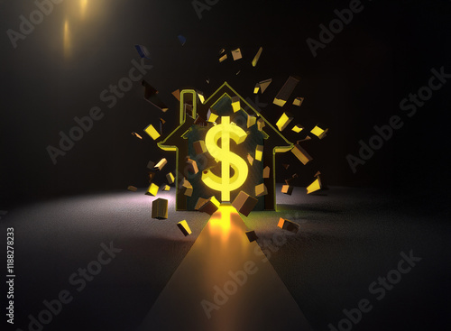 A glowing dollar sign explodes from within a crumbling house silhouette, signifying the volatile nature of real estate investment or the demolition of a home for profit.  The scene is dark, emphasizin photo