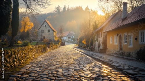 Cobblestone street at sunrise in a quaint European village with houses and autumn foliage. photo