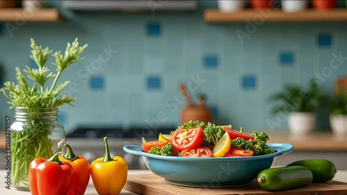 Bright kitchen scene with colorful ceramic dishes, fresh vegetables, and a cutting board