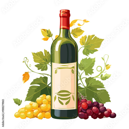 White wine bottle vector illustration. Image of alcoholic drink from grapes decorated with leaves on isolated background. For bar and packaging.