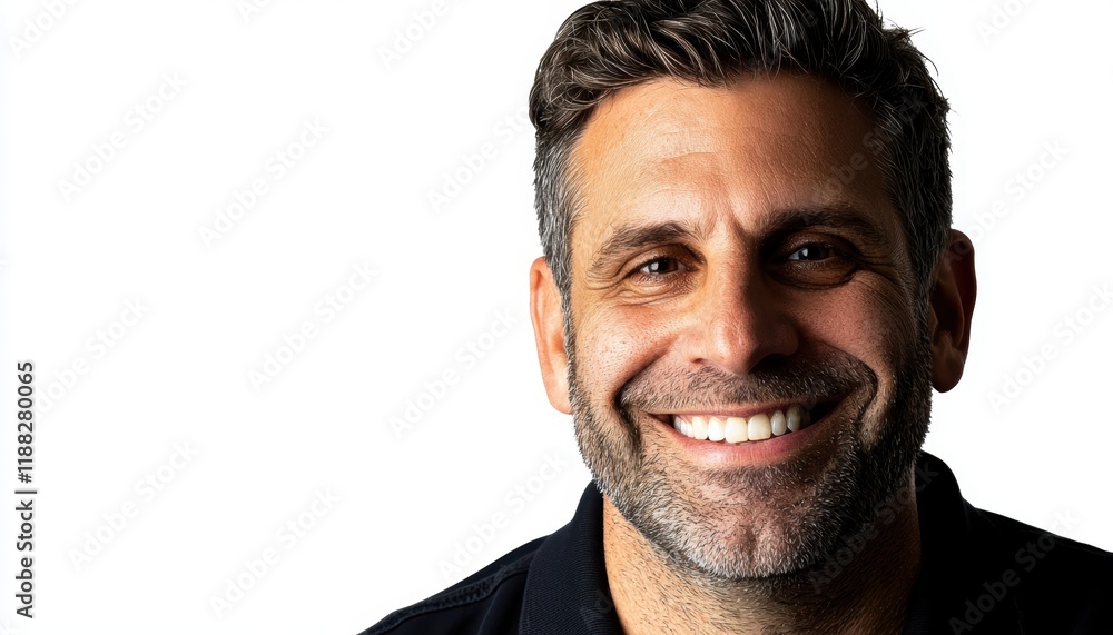 Obraz premium A smiling man with short, wavy hair and a beard against a plain white background.