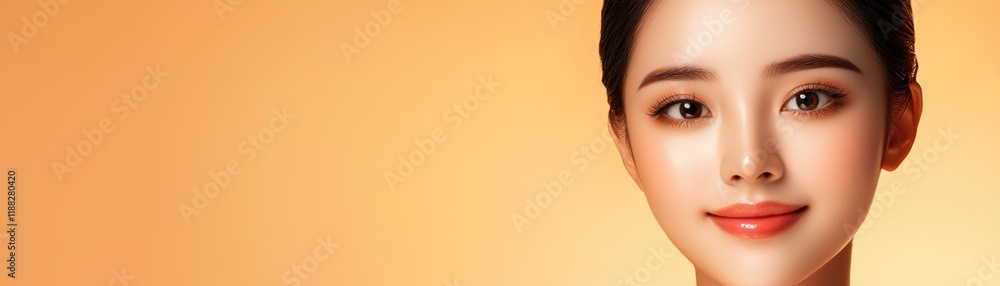 Naklejka premium A close-up portrait of a smiling woman against a warm orange background, featuring smooth skin and subtle makeup, conveying beauty and confidence.