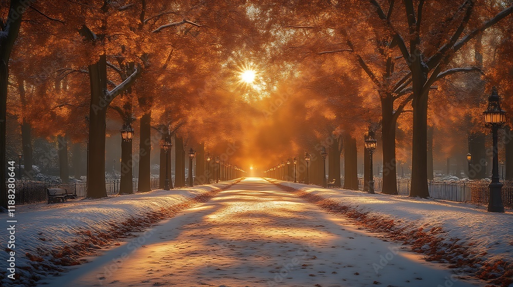 Sunlit Pathway Through Snowy Autumn Trees Sunlit Pathway Through Snowy Autumn Trees