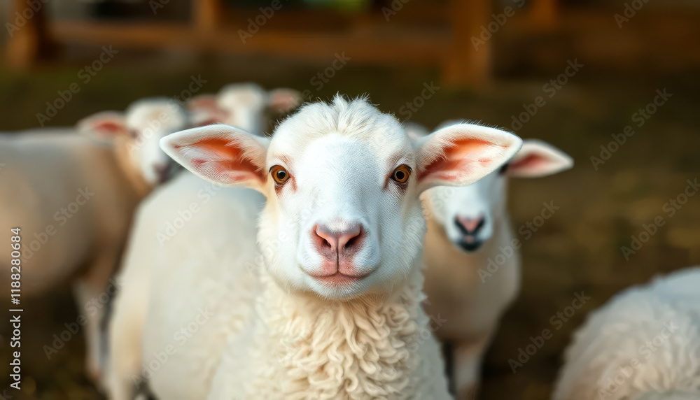 White sheep with its head up and looking at the camera White sheep with its head up and looking at the camera