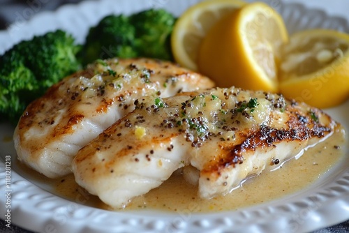 panggang walleye dengan kentang brokoli dan saus kaviar with generative ai