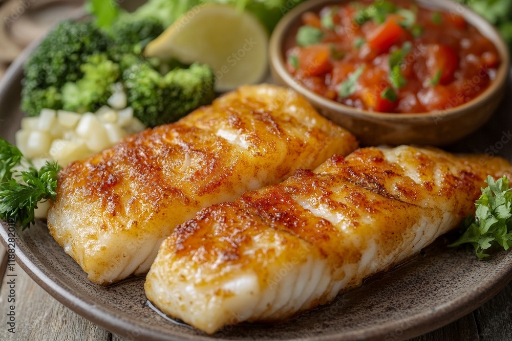 panggang walleye dengan kentang brokoli dan saus kaviar with generative ai panggang walleye dengan kentang brokoli dan saus kaviar with generative ai