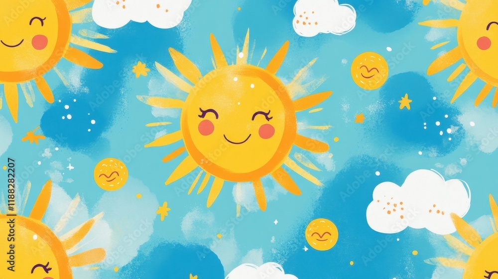 Fototapeta premium Cheerful sun and cloud patterned wrapping paper in vibrant yellow and blue, perfect for brightening gifts and celebrations.