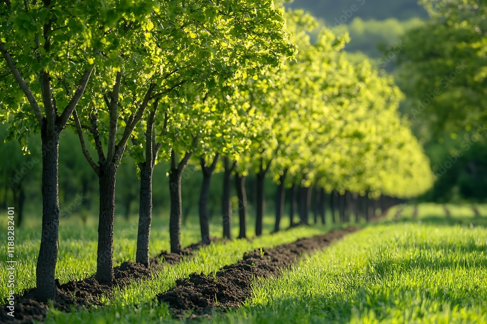 Fototapeta premium A row of trees in an orchard with dirt rows between the fruit trees, bright green grass, and sunlight, with the focus on the foreground